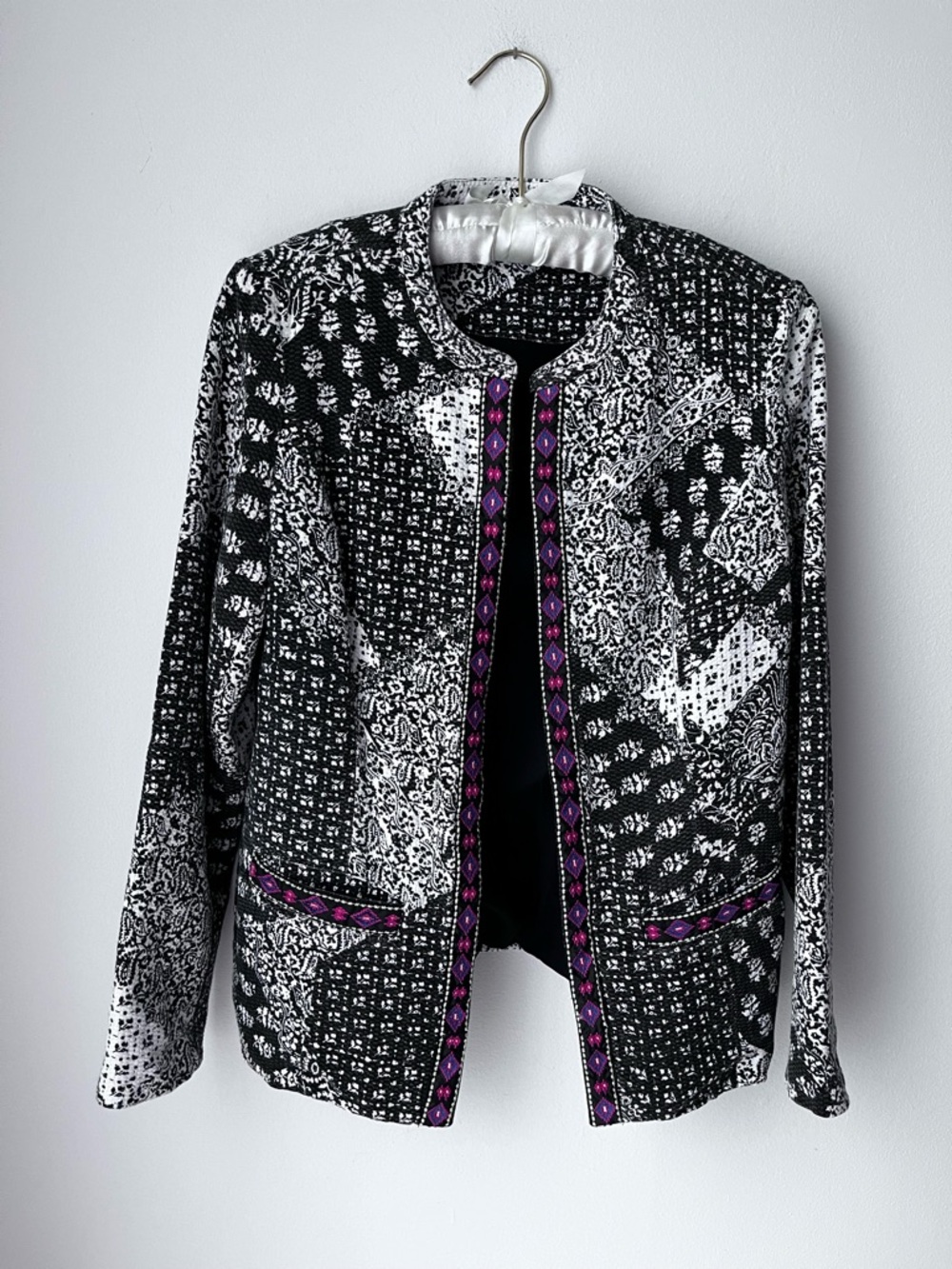 Indikka Women’s Mixed Print Jacket with Embroidered Trim and Pockets